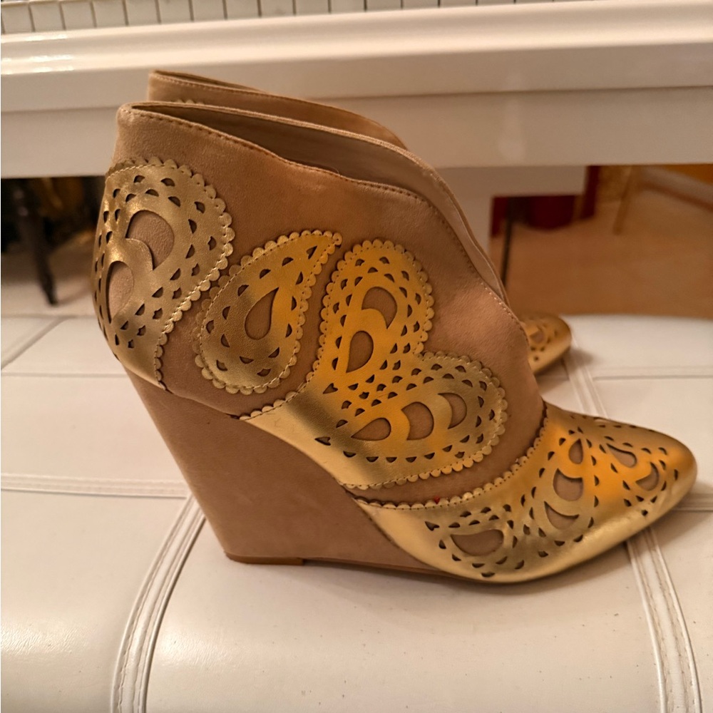 Leather Gold Wedge Ankle Booties